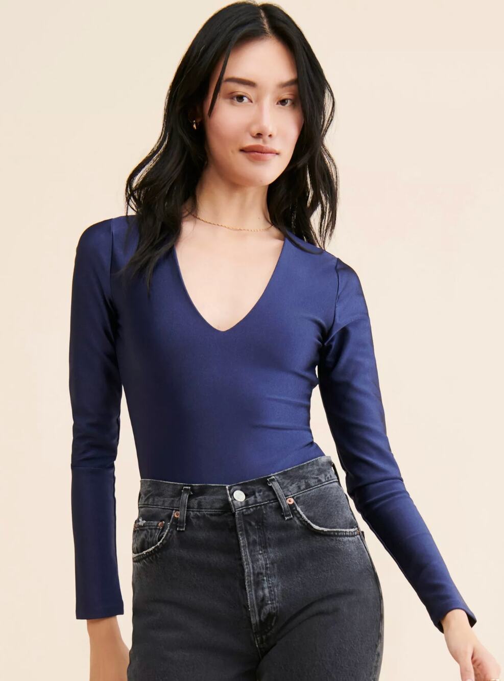 Good American Womens 4 Navy Blue Disco V Neck Long Sleeve Bodysuit Cheeky